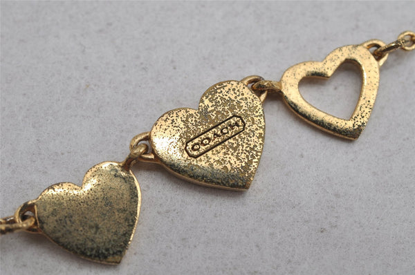Authentic COACH Heart Motif Rhinestone Chain Pendant Necklace Gold 8602J
