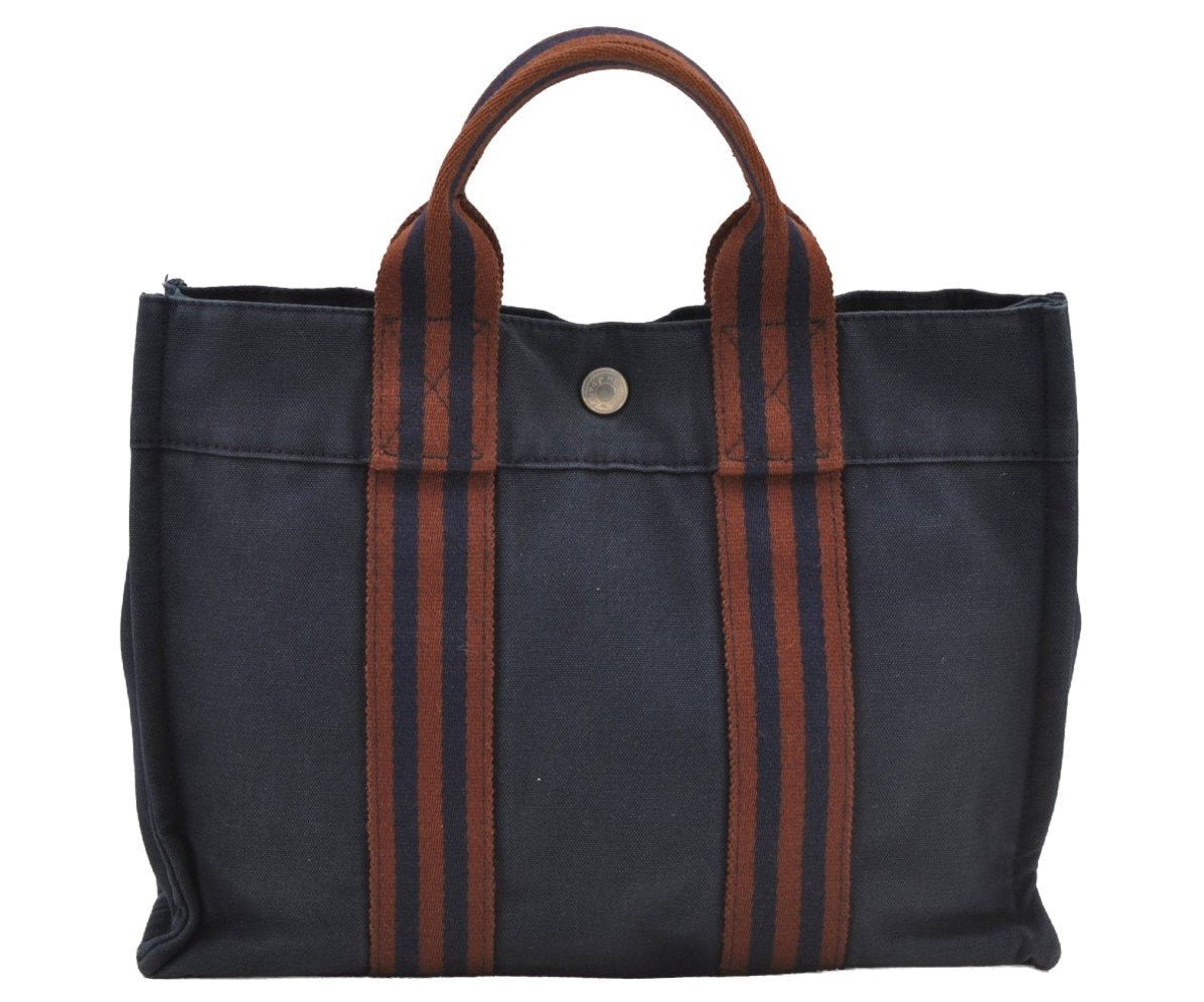 Authentic HERMES Fourre Tout PM Hand Tote Bag Canvas Navy Blue 8604I