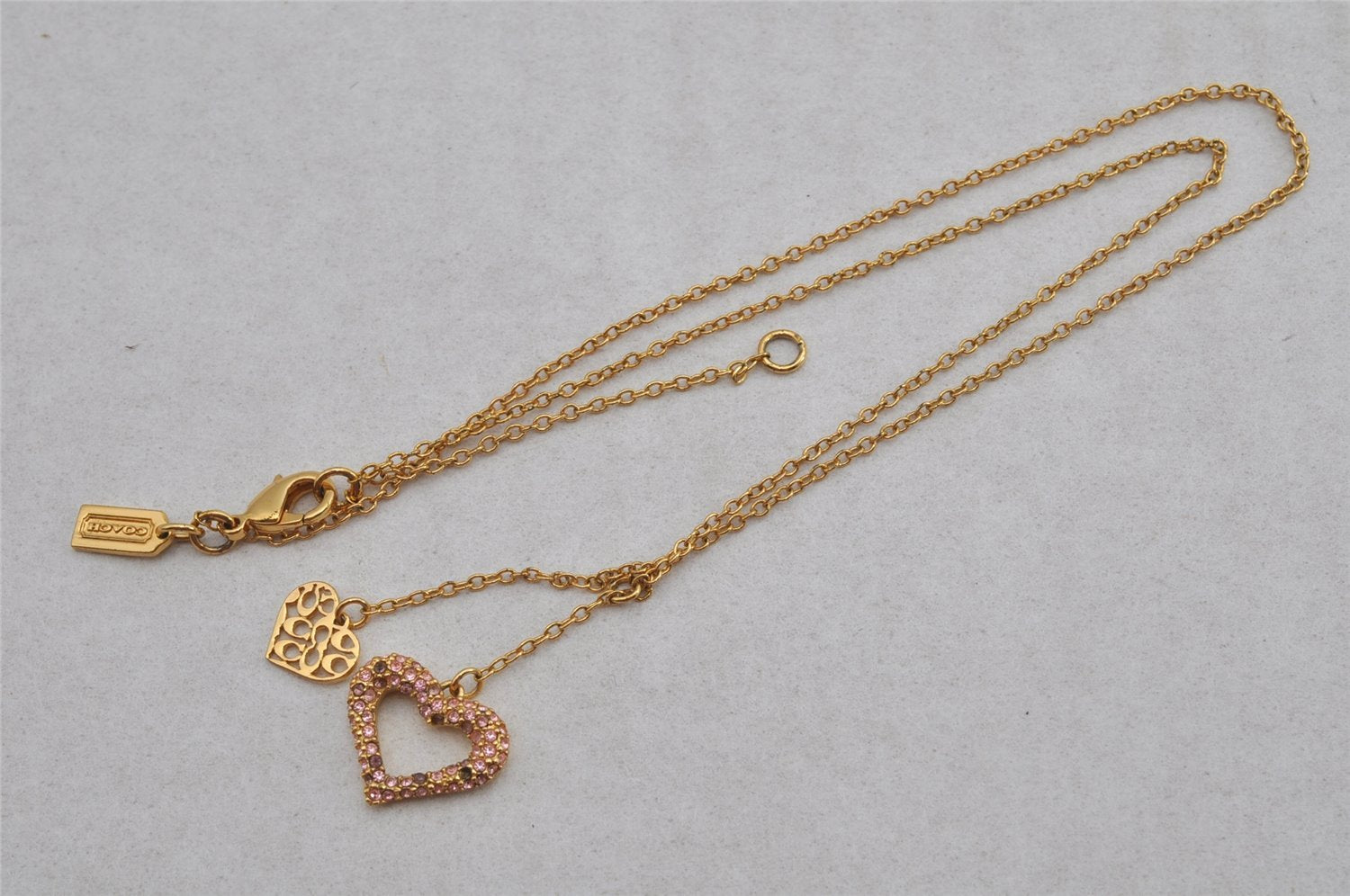 Authentic COACH Vintage Rhinestone Heart Chain Pendant Necklace Gold 8605J