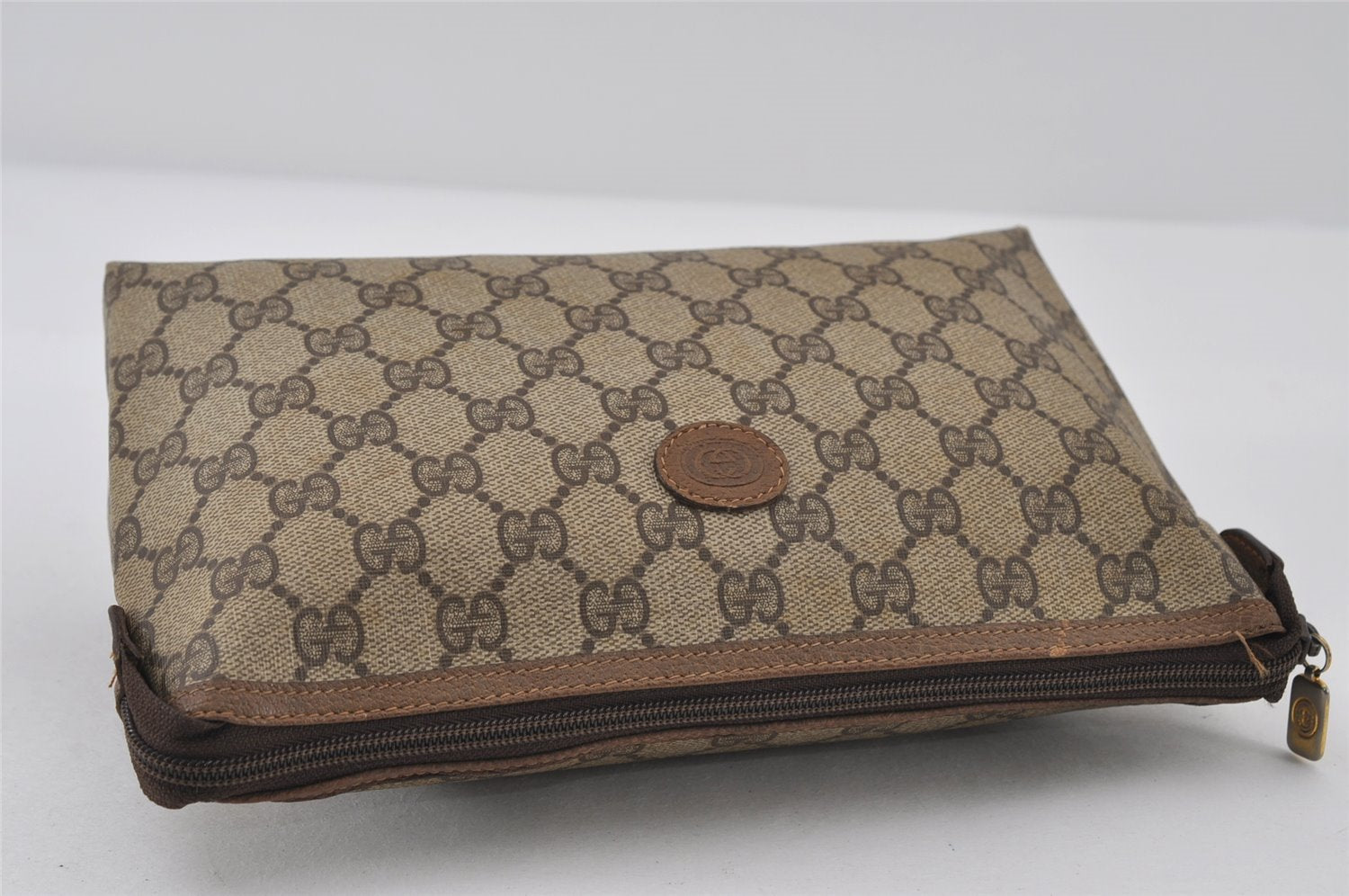 Authentic GUCCI Vintage Clutch Hand Bag Purse GG PVC Leather Brown 8607I