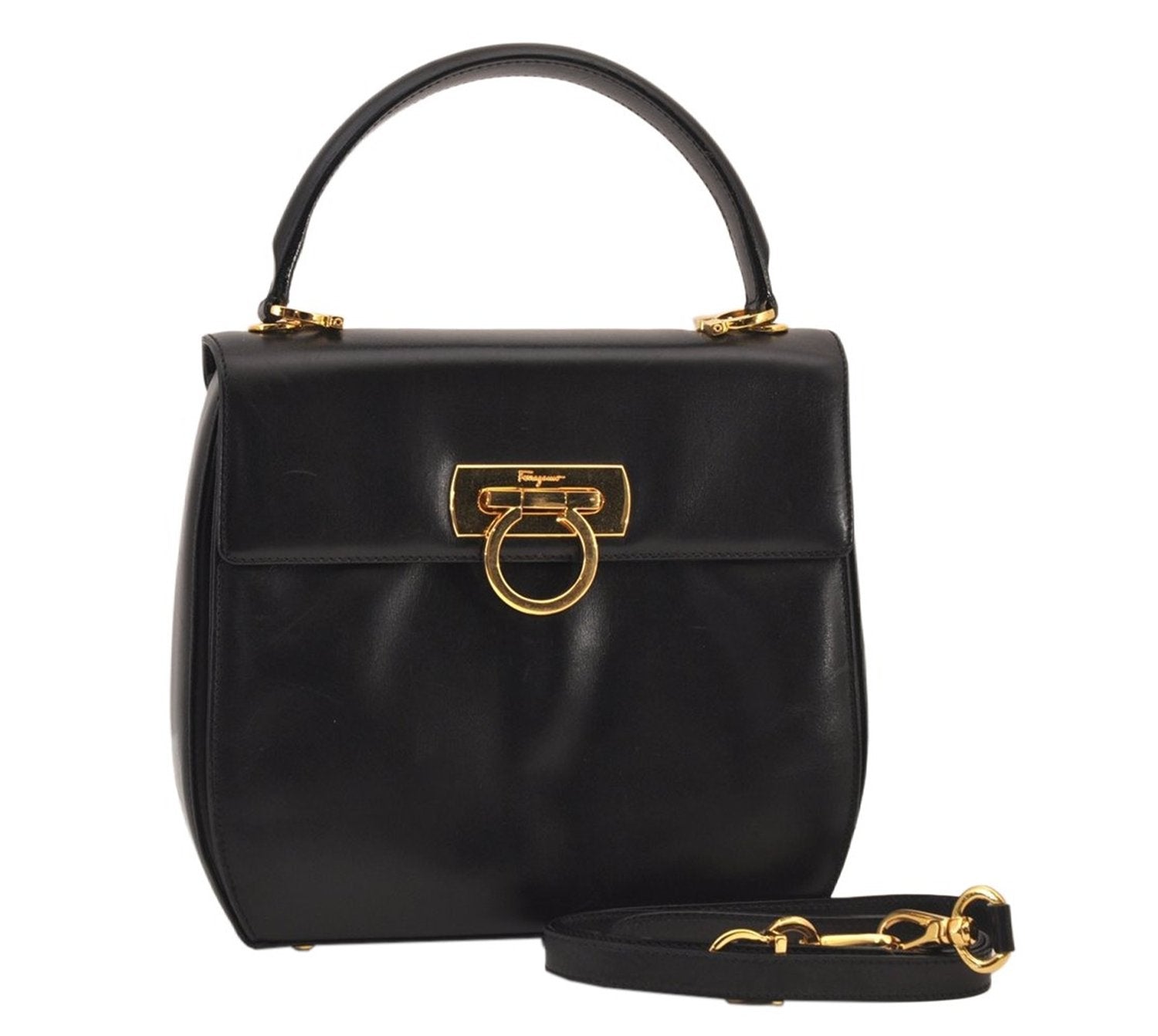 Auth Salvatore Ferragamo Gancini Leather 2Way Shoulder Hand Bag Black 8611M