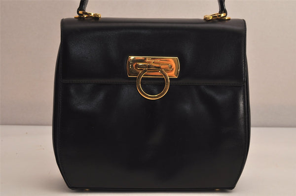 Auth Salvatore Ferragamo Gancini Leather 2Way Shoulder Hand Bag Black 8611M