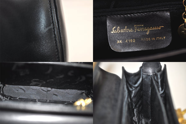 Auth Salvatore Ferragamo Gancini Leather 2Way Shoulder Hand Bag Black 8611M