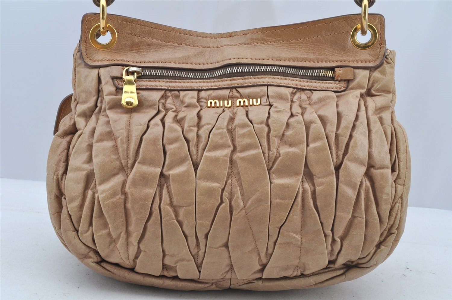 Authentic MIU MIU Vintage Matelasse Leather 2Way Shoulder Hand Bag Beige 8613I