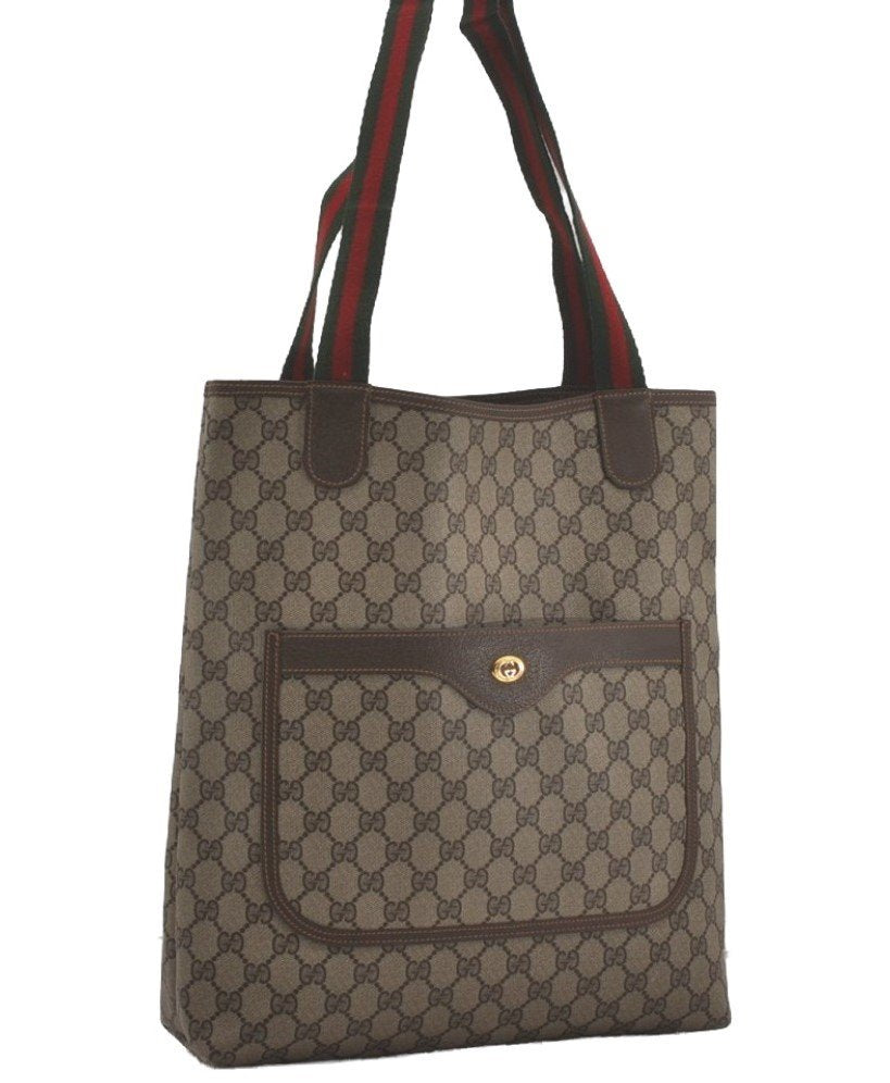 Authentic GUCCI Web Sherry Line Shoulder Tote Bag GG PVC Leather Brown 8616I