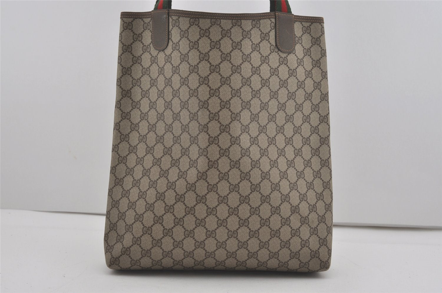 Authentic GUCCI Web Sherry Line Shoulder Tote Bag GG PVC Leather Brown 8616I