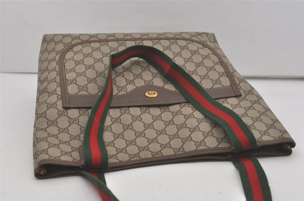 Authentic GUCCI Web Sherry Line Shoulder Tote Bag GG PVC Leather Brown 8616I