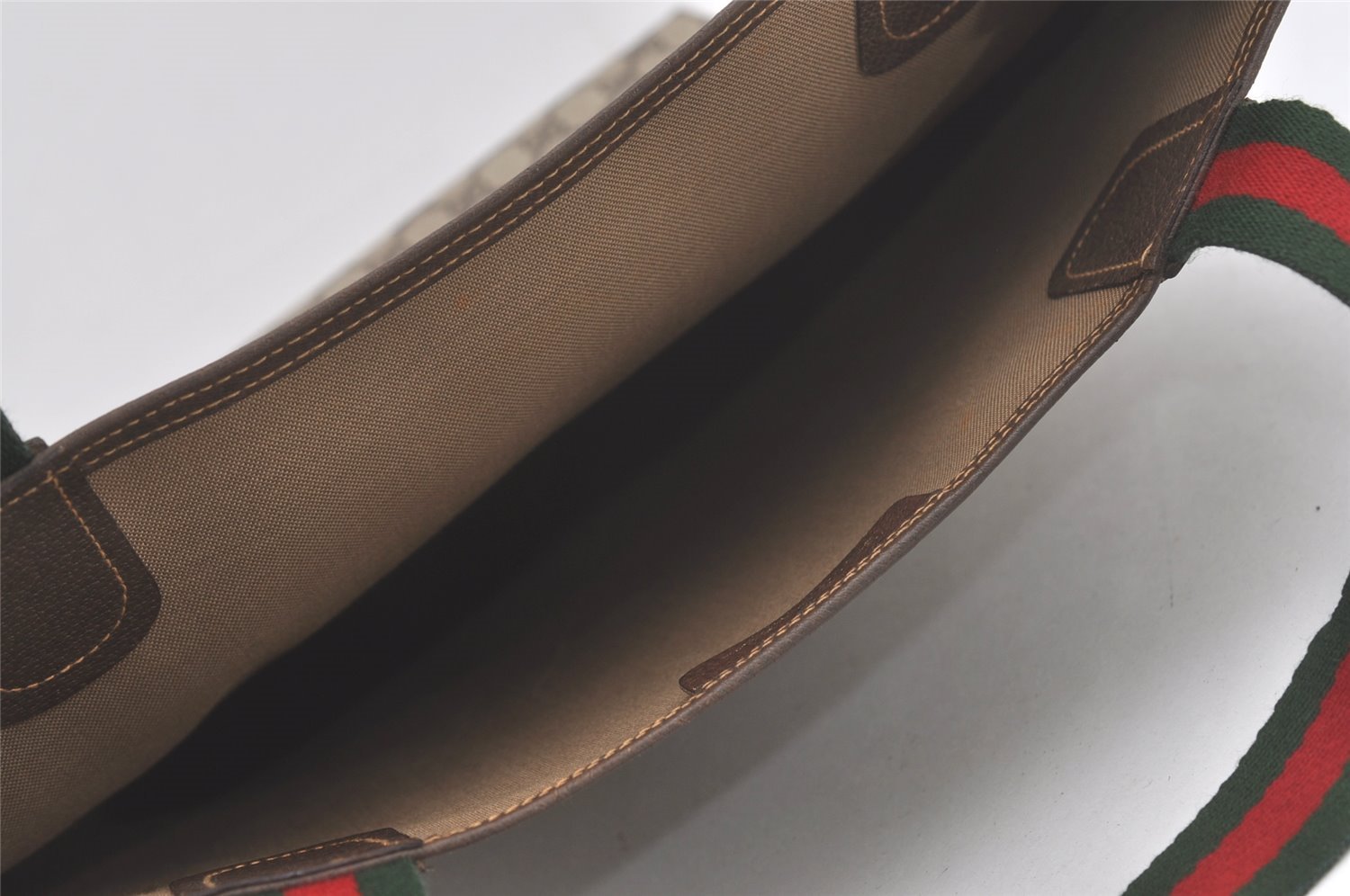 Authentic GUCCI Web Sherry Line Shoulder Tote Bag GG PVC Leather Brown 8616I