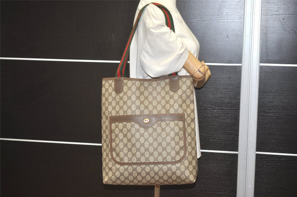 Authentic GUCCI Web Sherry Line Shoulder Tote Bag GG PVC Leather Brown 8616I