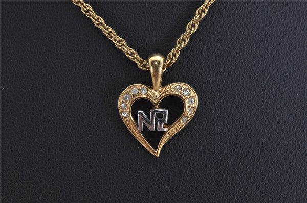 Authentic NINA RICCI Gold Tone Rhinestone Heart Chain Pendant Necklace  8616J