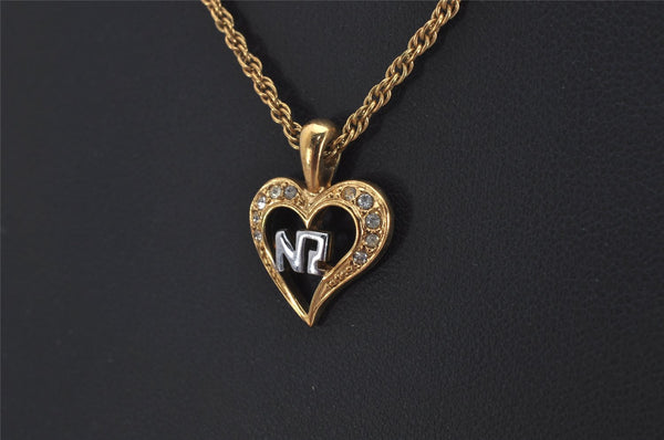 Authentic NINA RICCI Gold Tone Rhinestone Heart Chain Pendant Necklace  8616J