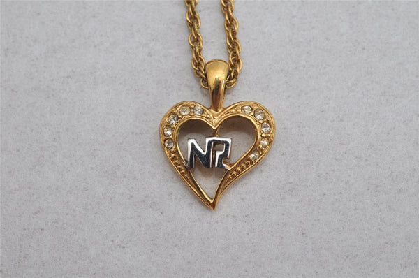 Authentic NINA RICCI Gold Tone Rhinestone Heart Chain Pendant Necklace  8616J