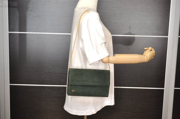 Authentic GUCCI Vintage Chain Shoulder Bag Purse Suede Green 8617I