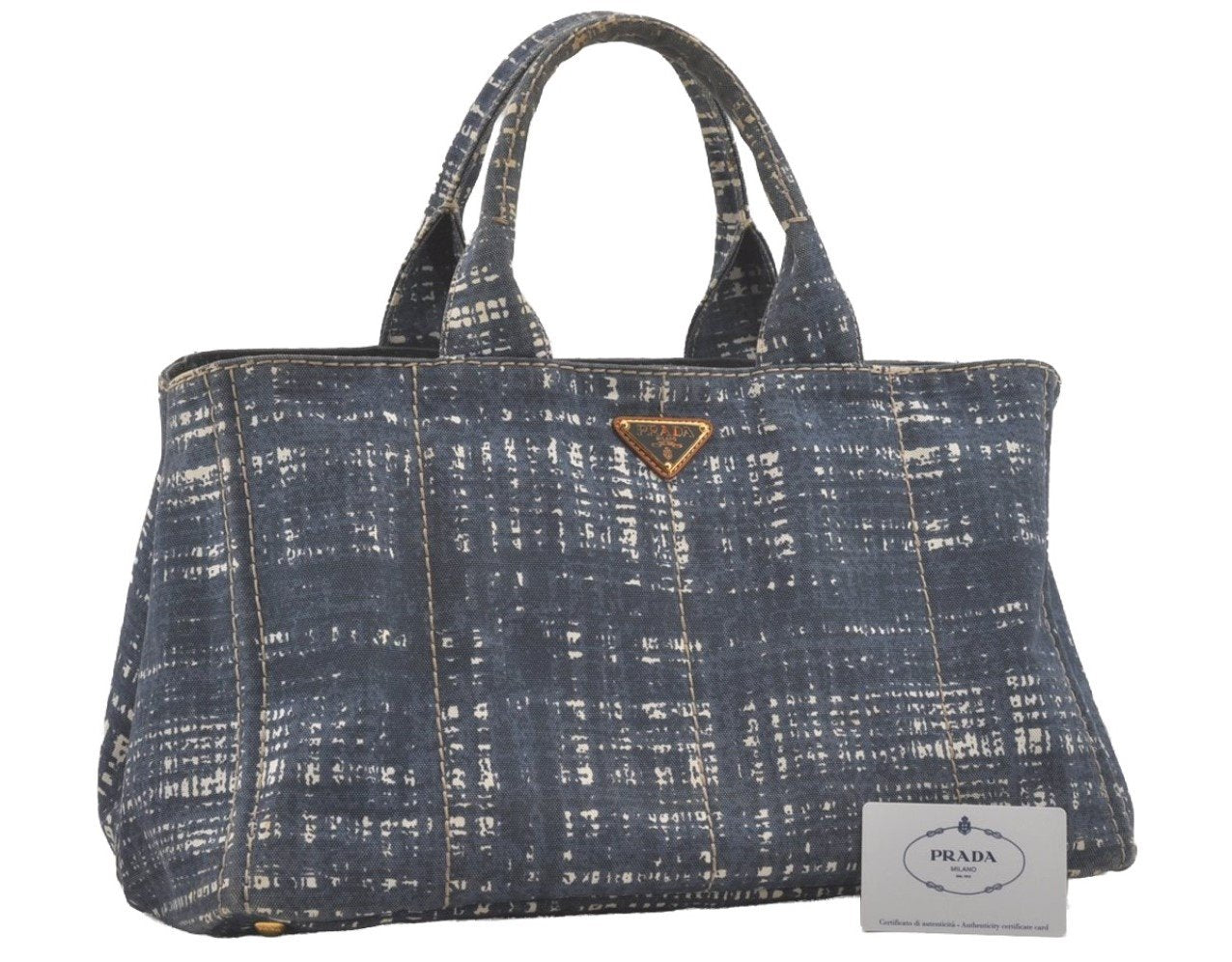 Authentic PRADA Canapa Stampata L Vintage Denim Tote Hand Bag B1872B Blue 8620I