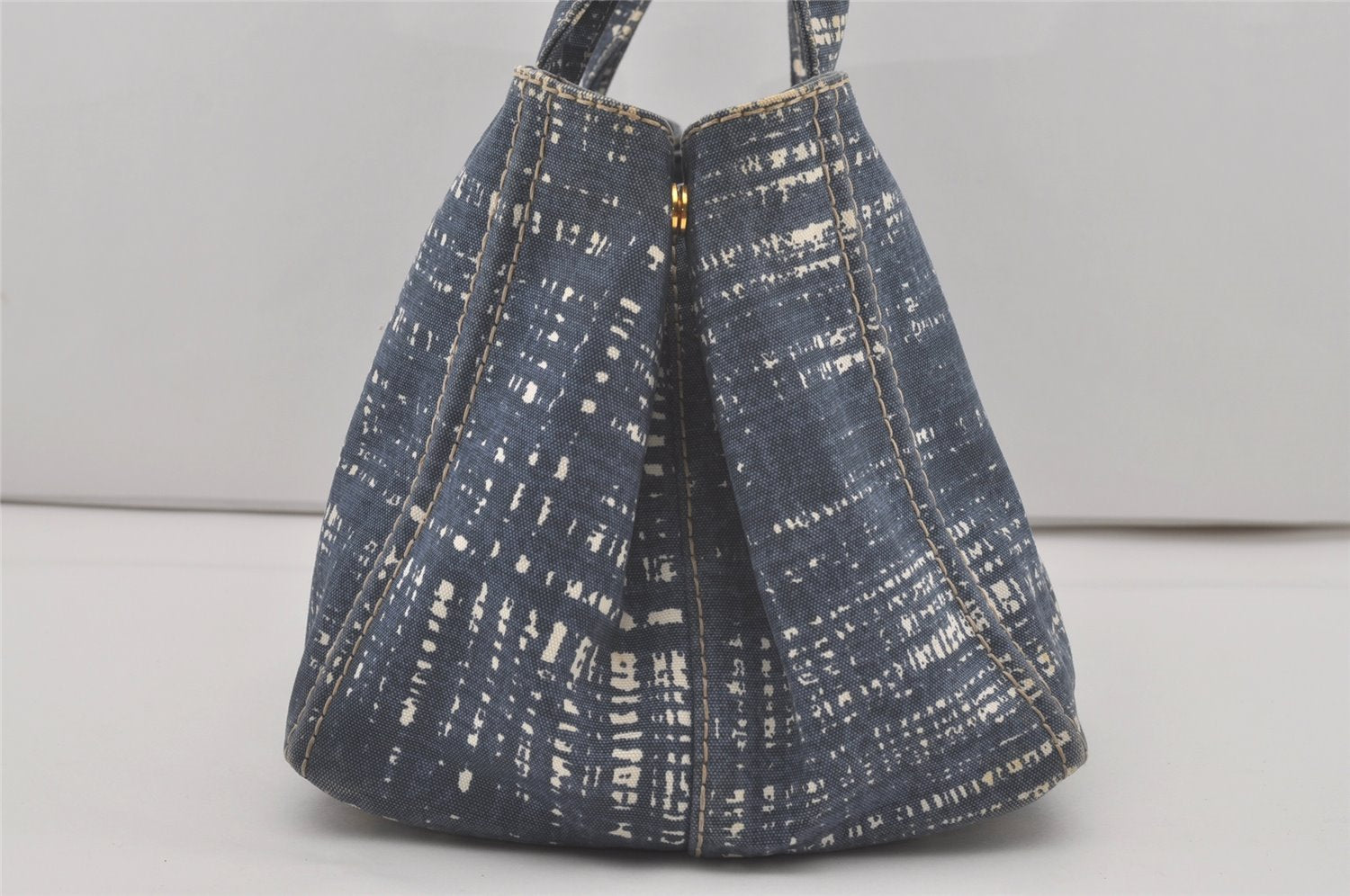 Authentic PRADA Canapa Stampata L Vintage Denim Tote Hand Bag B1872B Blue 8620I