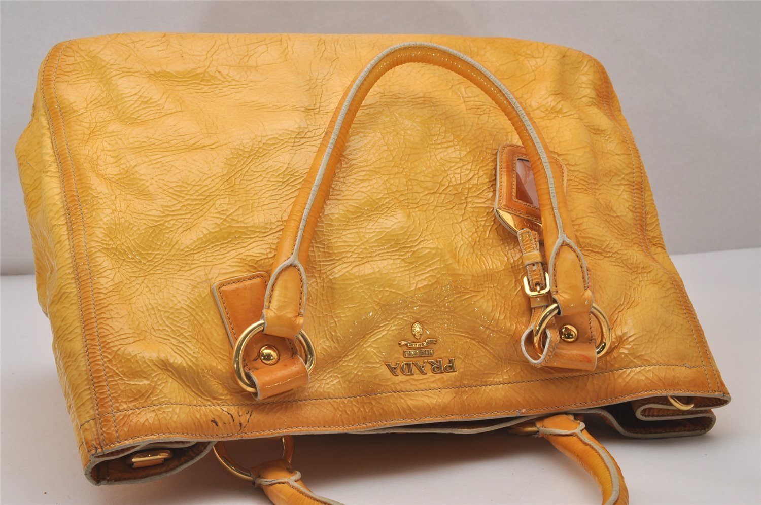 Authentic PRADA Vintage Enamel 2Way Shoulder Hand Bag Yellow 8622I