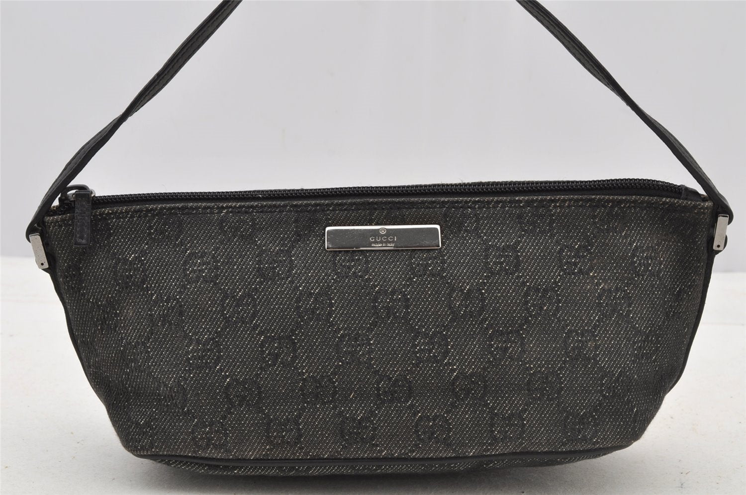 Authentic GUCCI Hand Bag Pouch Purse GG Canvas Leather 07198 Black 8623I