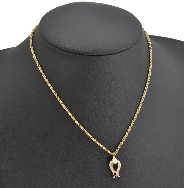 Auth NINA RICCI Imitation Pearl Rhinestone Chain Pendant Necklace Gold 8623J