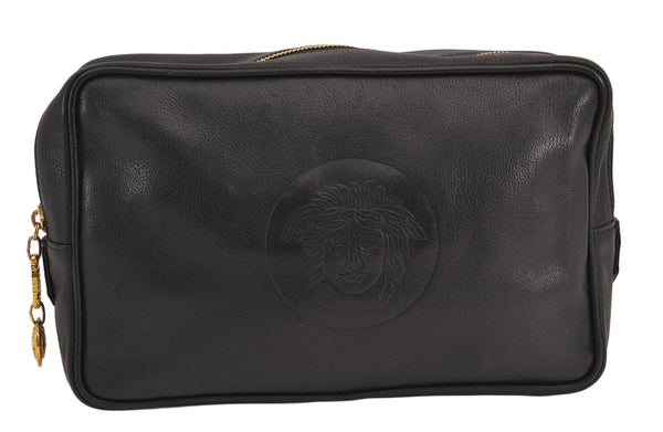 Authentic VERSACE Medusa Leather Clutch Hand Bag Pouch Purse Black 8624M