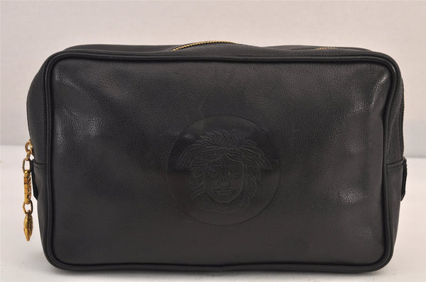Authentic VERSACE Medusa Leather Clutch Hand Bag Pouch Purse Black 8624M