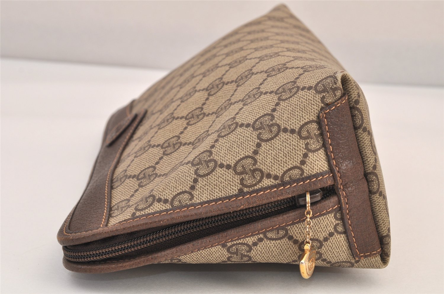 Authentic GUCCI Vintage Clutch Hand Bag Purse GG PVC Leather Brown Junk 8627M