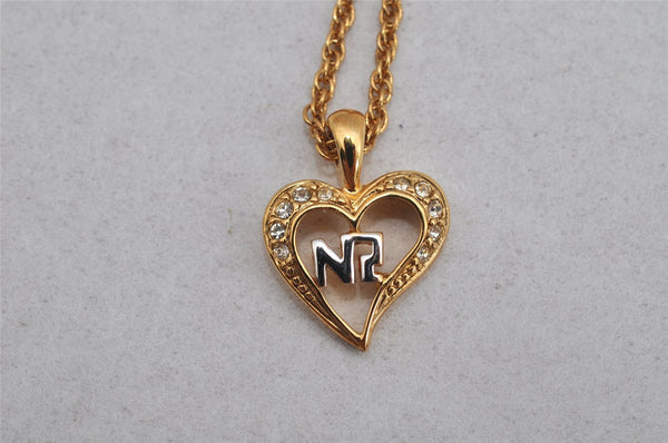 Authentic NINA RICCI Gold Tone Rhinestone Heart Chain Pendant Necklace  8629J