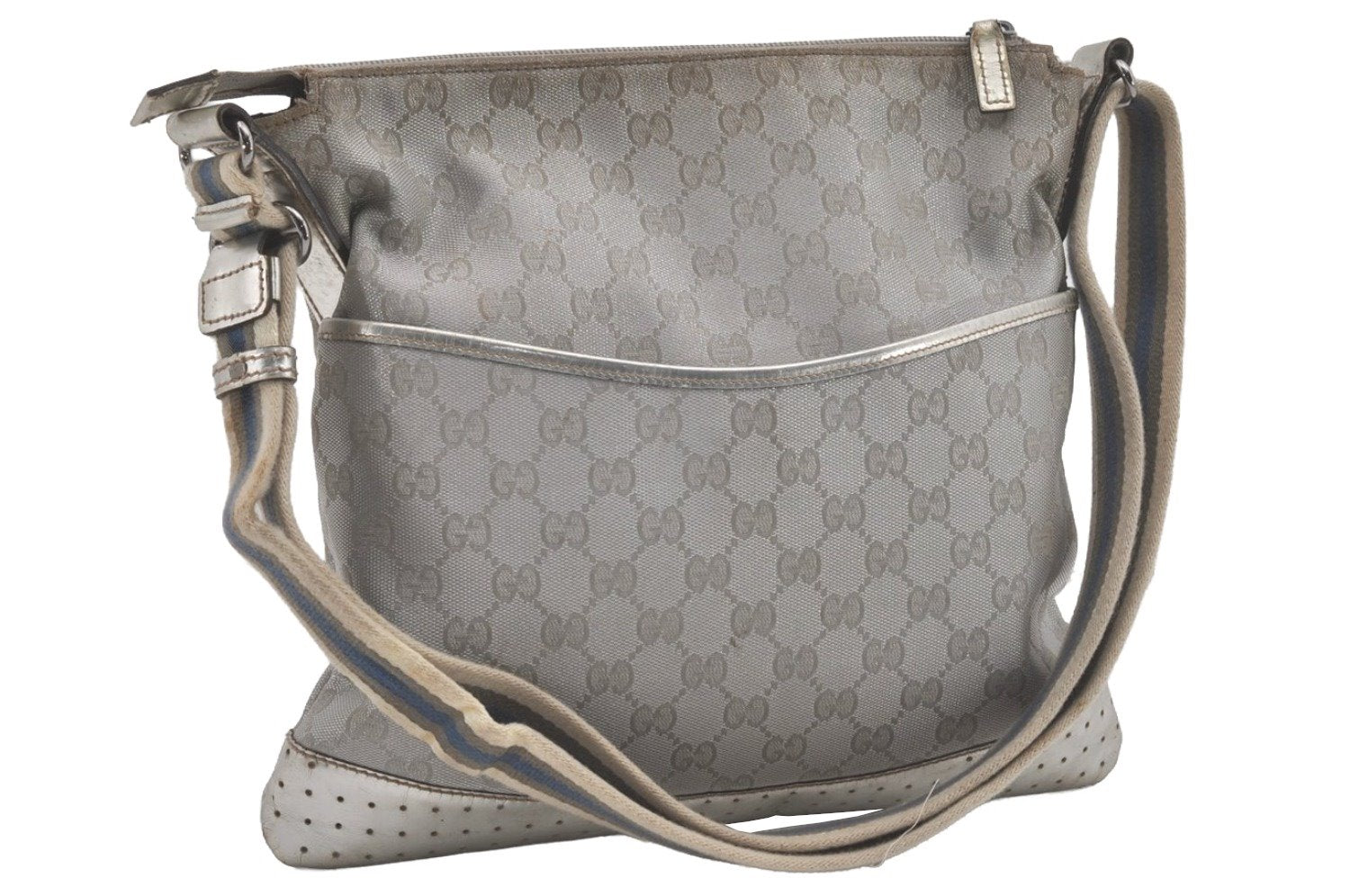 Authentic GUCCI Shoulder Cross Body Bag GG Canvas Leather 145857 Silver 8630I