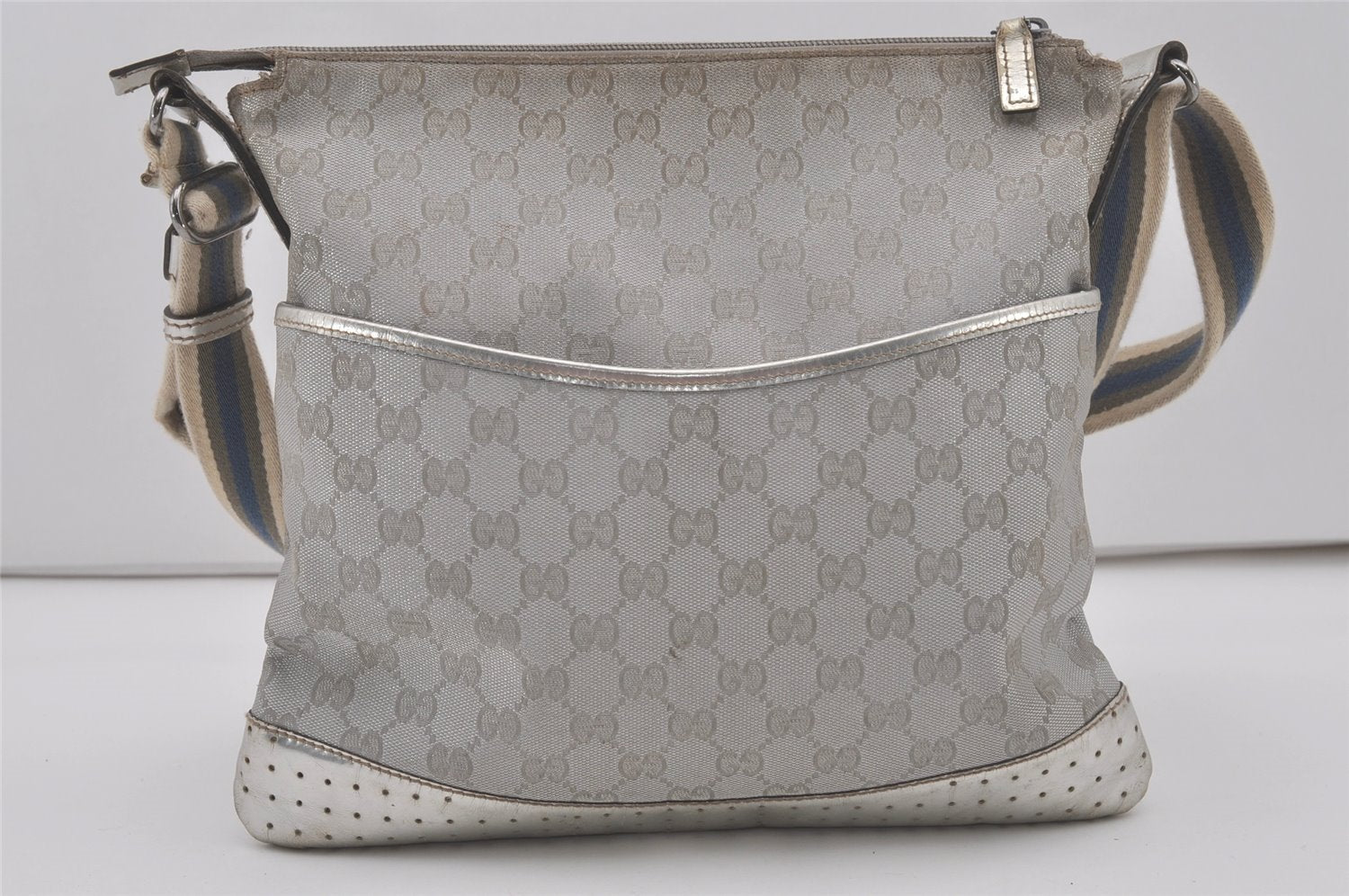 Authentic GUCCI Shoulder Cross Body Bag GG Canvas Leather 145857 Silver 8630I