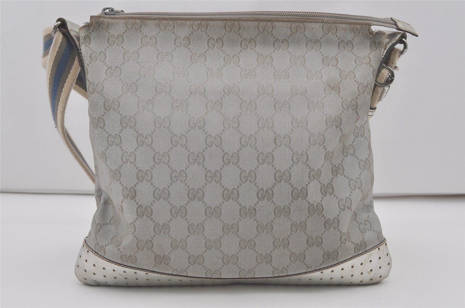 Authentic GUCCI Shoulder Cross Body Bag GG Canvas Leather 145857 Silver 8630I