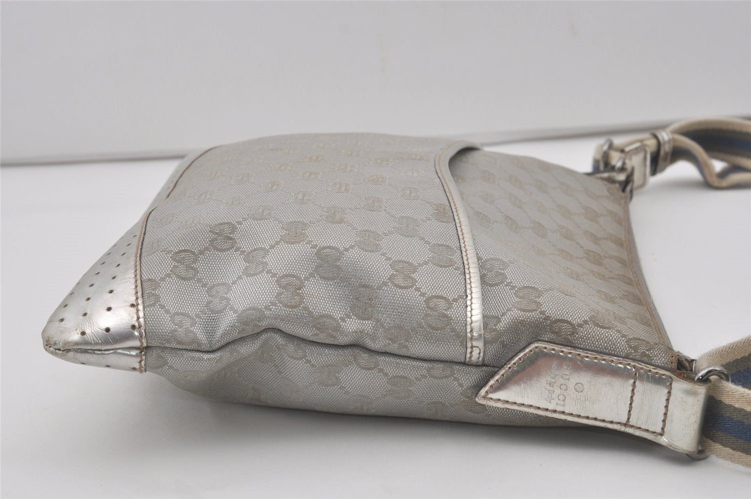 Authentic GUCCI Shoulder Cross Body Bag GG Canvas Leather 145857 Silver 8630I
