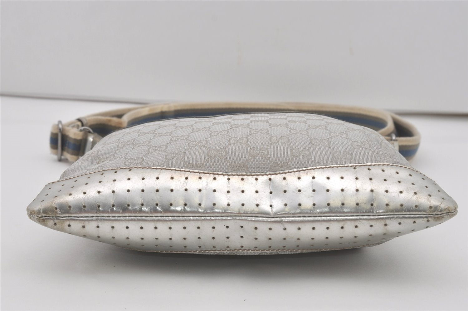 Authentic GUCCI Shoulder Cross Body Bag GG Canvas Leather 145857 Silver 8630I