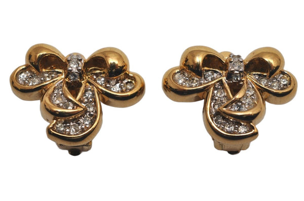 Authentic NINA RICCI Vintage Clip-on Rhinestone Ribbon Earrings Gold Tone 8631J