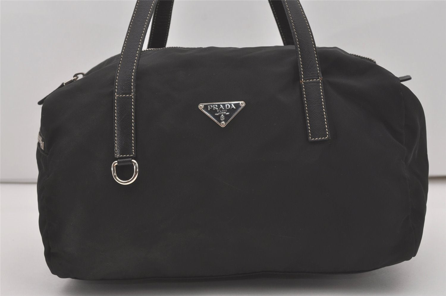 Authentic PRADA Nylon Tessuto Saffiano Leather Hand Boston Bag Black 8633I