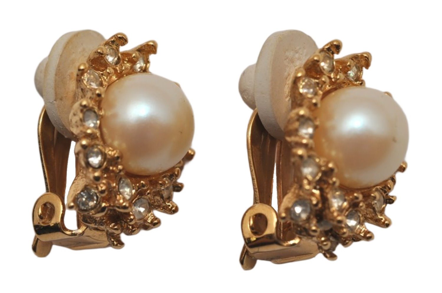 Authentic NINA RICCI Clip-on Rhinestone Imitation Pearl Earrings Gold 8633J