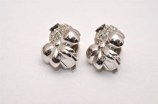 Authentic NINA RICCI Clip-on Rhinestone Ribbon Earrings Silver Tone 8637J