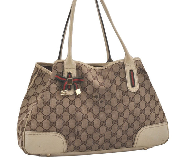 Auth GUCCI Web Sherry Line Princy Tote Bag GG Canvas Leather 163805 Brown 8640I