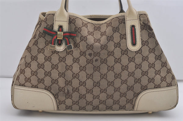 Auth GUCCI Web Sherry Line Princy Tote Bag GG Canvas Leather 163805 Brown 8640I