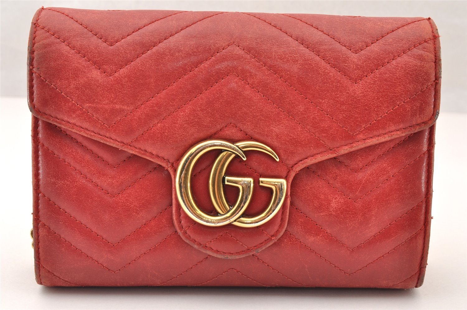 Auth GUCCI GG Marmont Chain Shoulder Cross Bag Wallet Leather 474575 Red 8641I