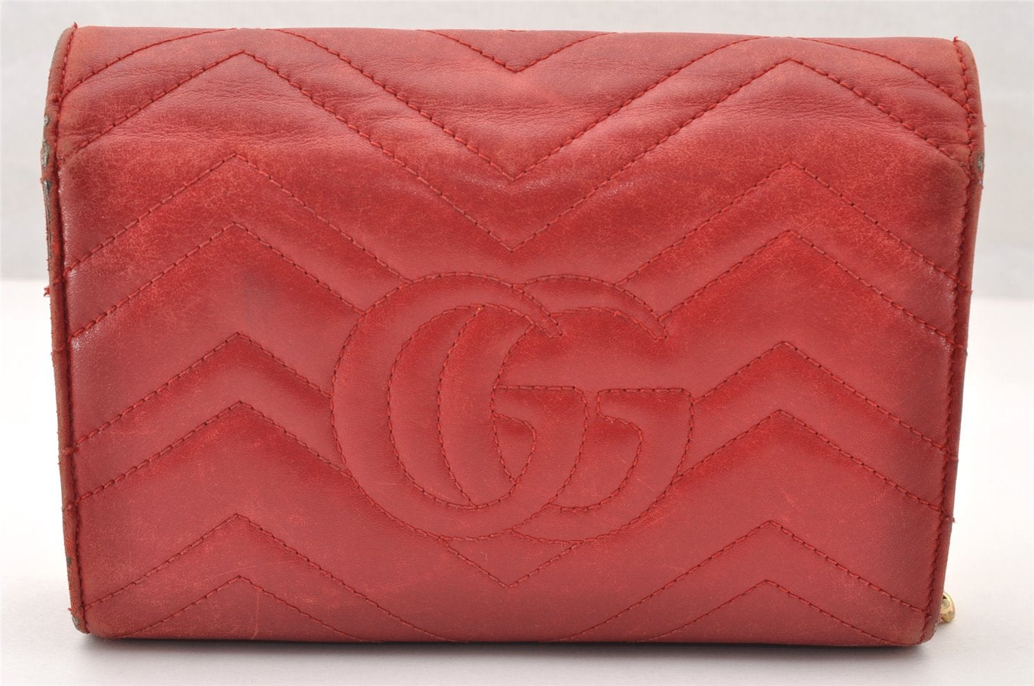 Auth GUCCI GG Marmont Chain Shoulder Cross Bag Wallet Leather 474575 Red 8641I