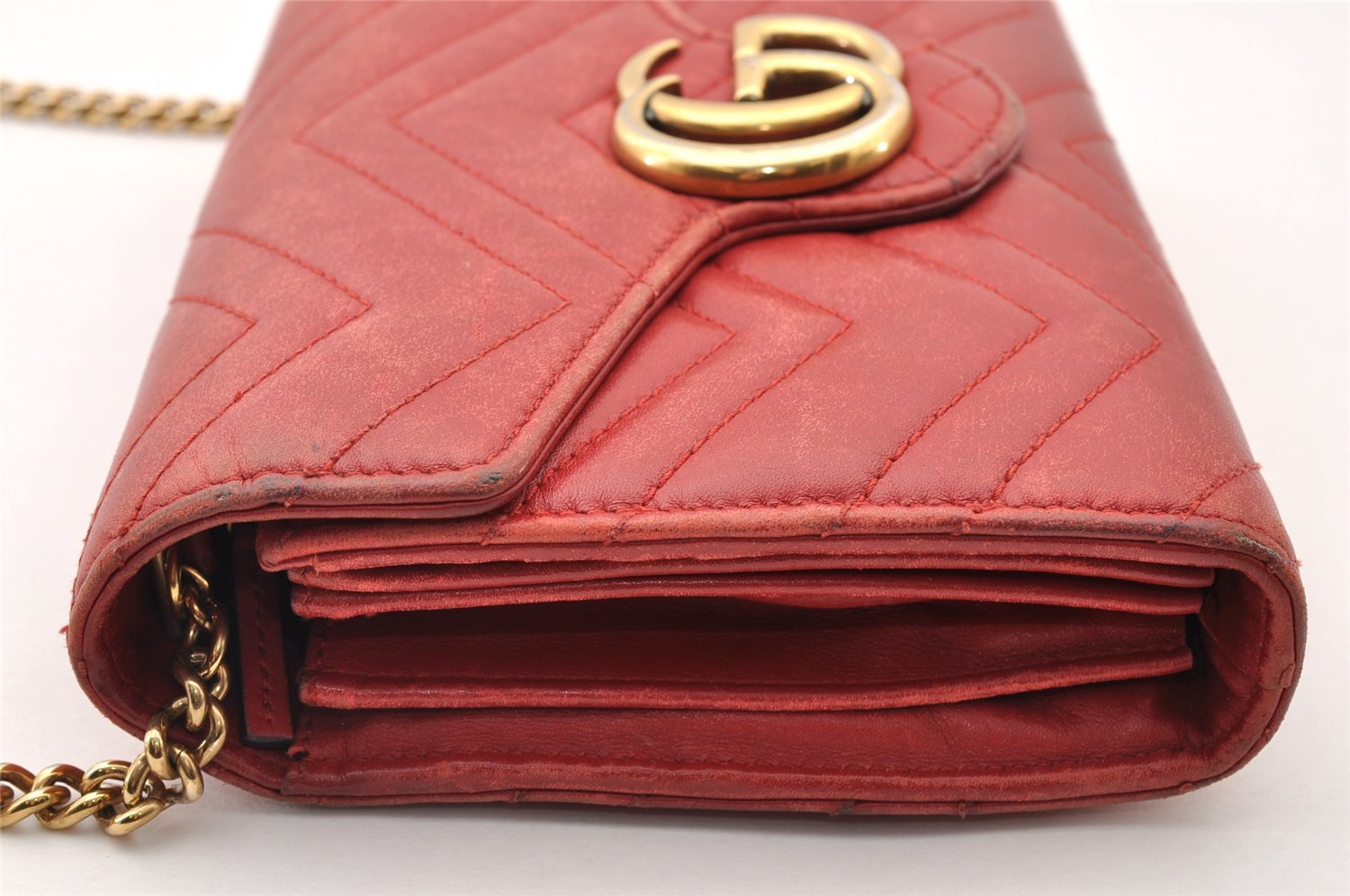 Auth GUCCI GG Marmont Chain Shoulder Cross Bag Wallet Leather 474575 Red 8641I