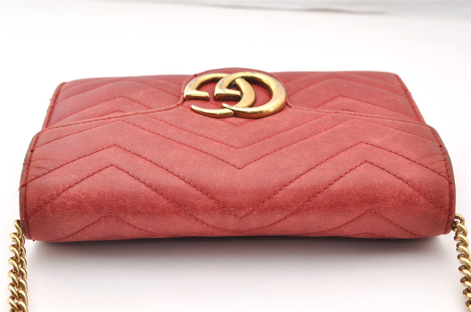 Auth GUCCI GG Marmont Chain Shoulder Cross Bag Wallet Leather 474575 Red 8641I