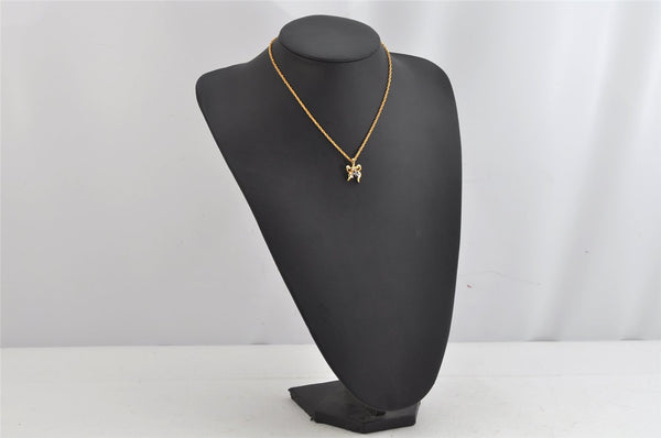 Authentic NINA RICCI Gold Tone Ribbon Rhinestone Chain Pendant Necklace  8641J