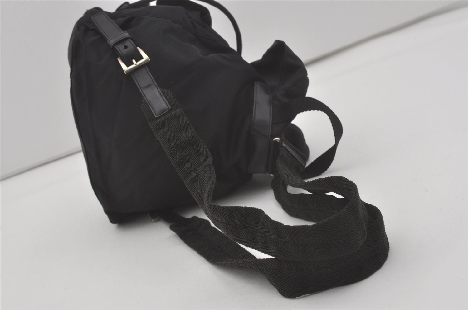 Authentic PRADA Vintage Nylon Tessuto Leather Drawstring Backpack Black 8642I