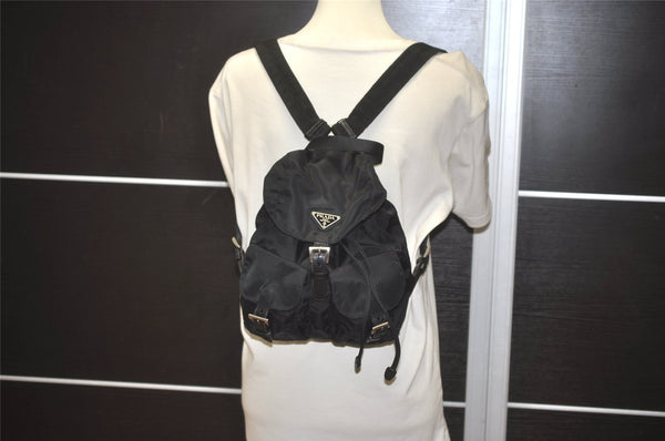 Authentic PRADA Vintage Nylon Tessuto Leather Drawstring Backpack Black 8642I