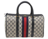 Authentic GUCCI Sherry Line Hand Boston Bag GG PVC Leather Navy Blue 8643I