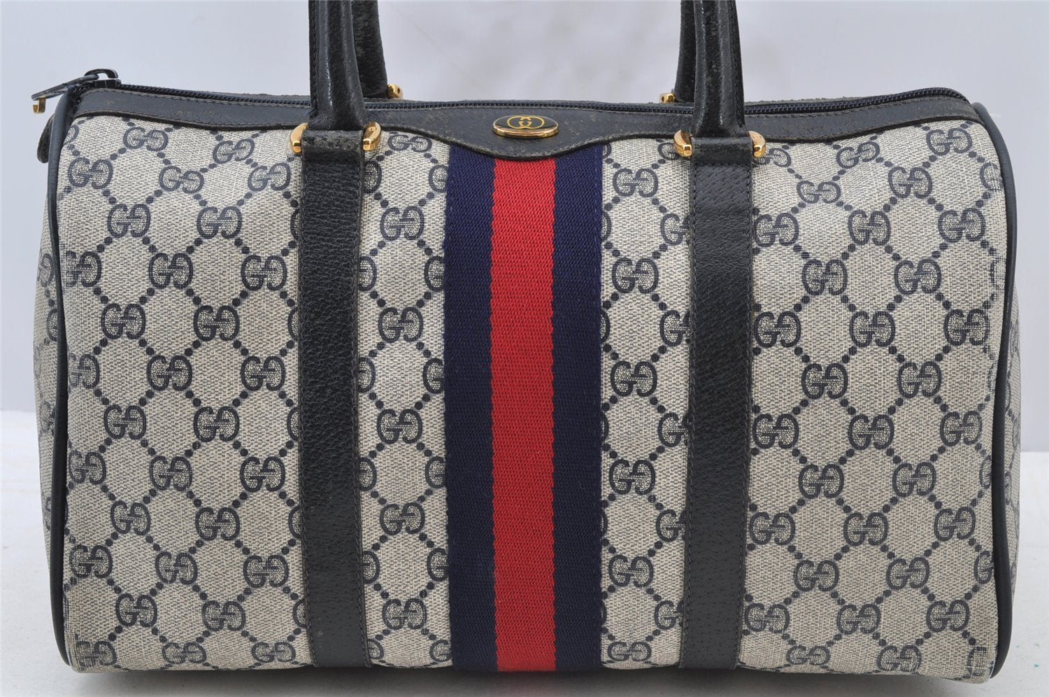 Authentic GUCCI Sherry Line Hand Boston Bag GG PVC Leather Navy Blue 8643I