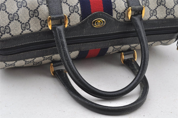 Authentic GUCCI Sherry Line Hand Boston Bag GG PVC Leather Navy Blue 8643I