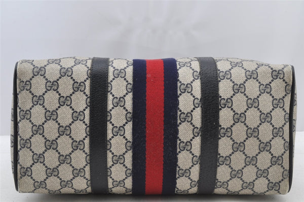 Authentic GUCCI Sherry Line Hand Boston Bag GG PVC Leather Navy Blue 8643I