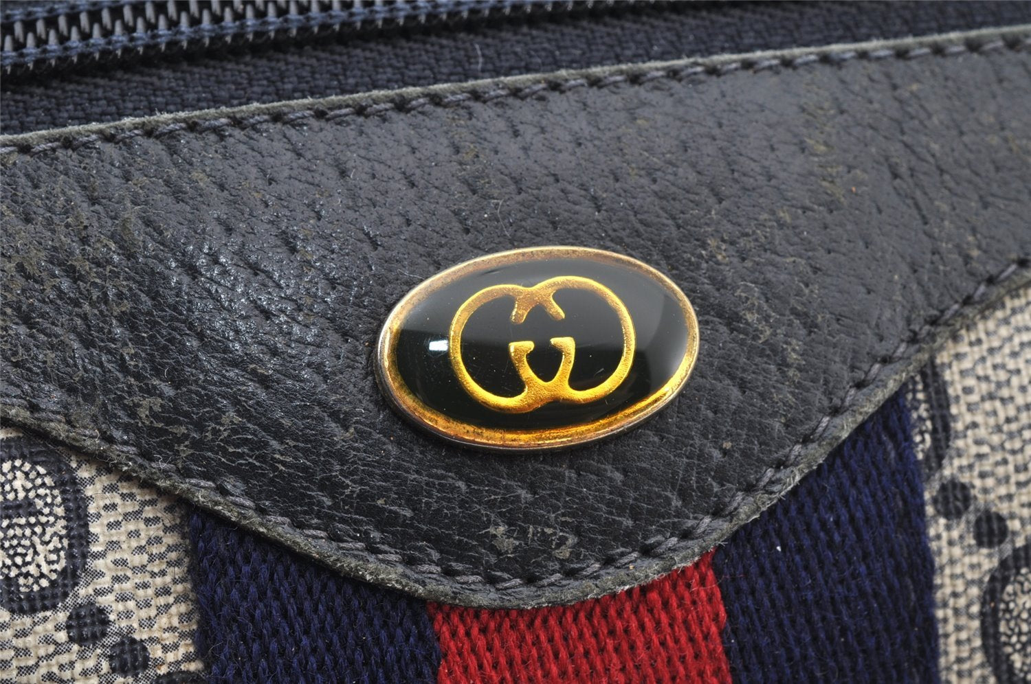 Authentic GUCCI Sherry Line Hand Boston Bag GG PVC Leather Navy Blue 8643I