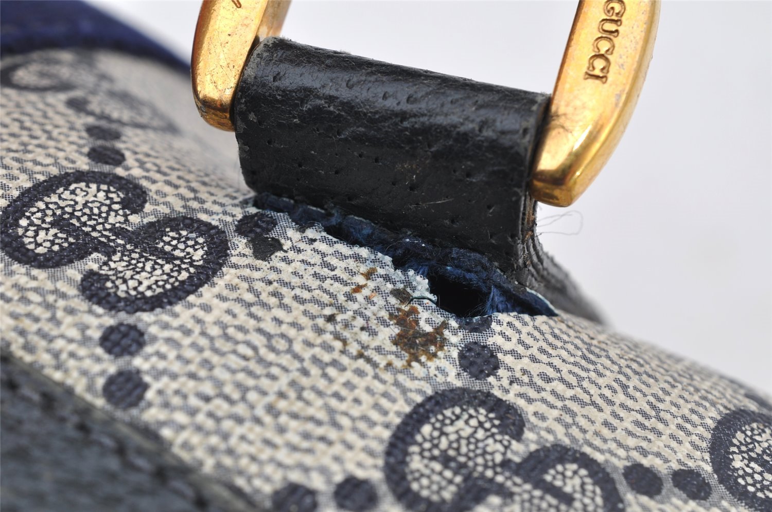 Authentic GUCCI Sherry Line Hand Boston Bag GG PVC Leather Navy Blue 8643I